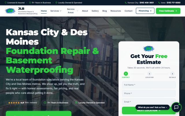 JLB Foundation Repair & Basement Waterproofing website screenshot